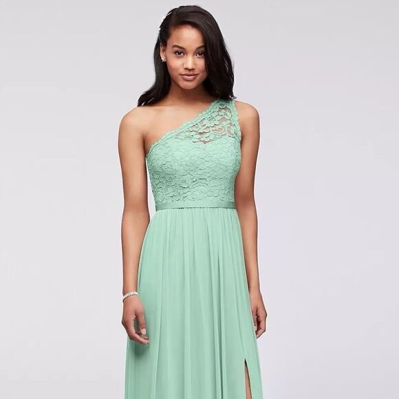 David's Bridal F17063 Mint Green One Shoulder Lace & Chiffon Maxi Dress NEW Sz 6 - Picture 4 of 13